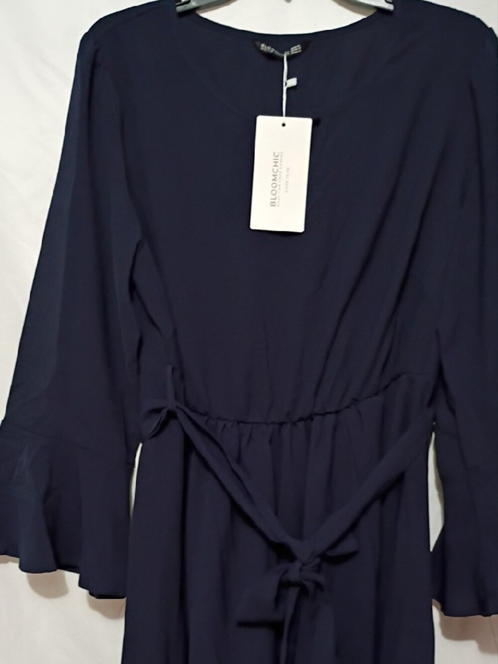 BloomChic Navy Long-Sleeve Tie-Waist Midi Dress Bonus Jewelry